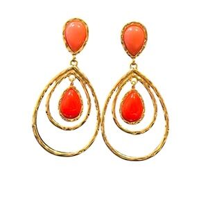 Gold Tone Teardrop Earrings with Coral Colored Accent Stones